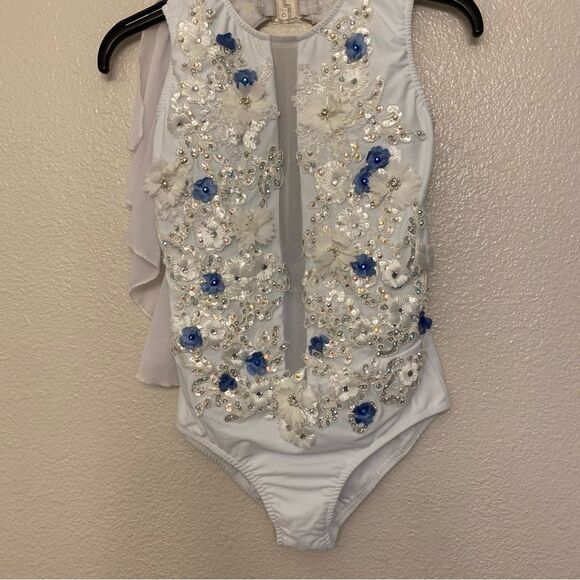 Glamour dance costume leotard white blue embellished rhinestone lace child XLC - Picture 3 of 13